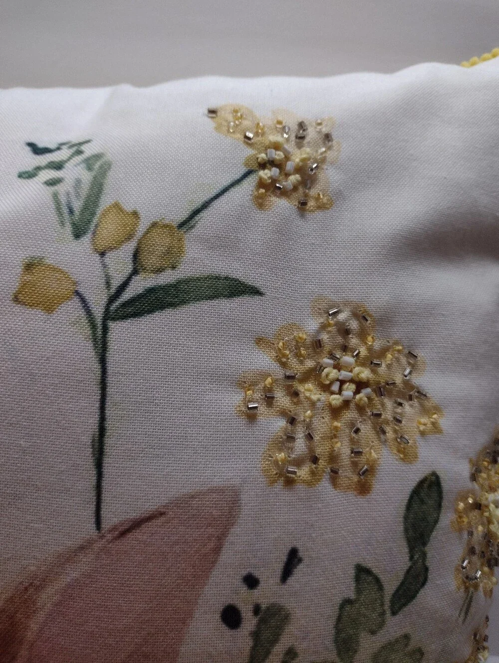 Isaac Mizrahi 19 X19 Yellow Pom-Trim Decorative Pillow Bunny & Beaded Floral